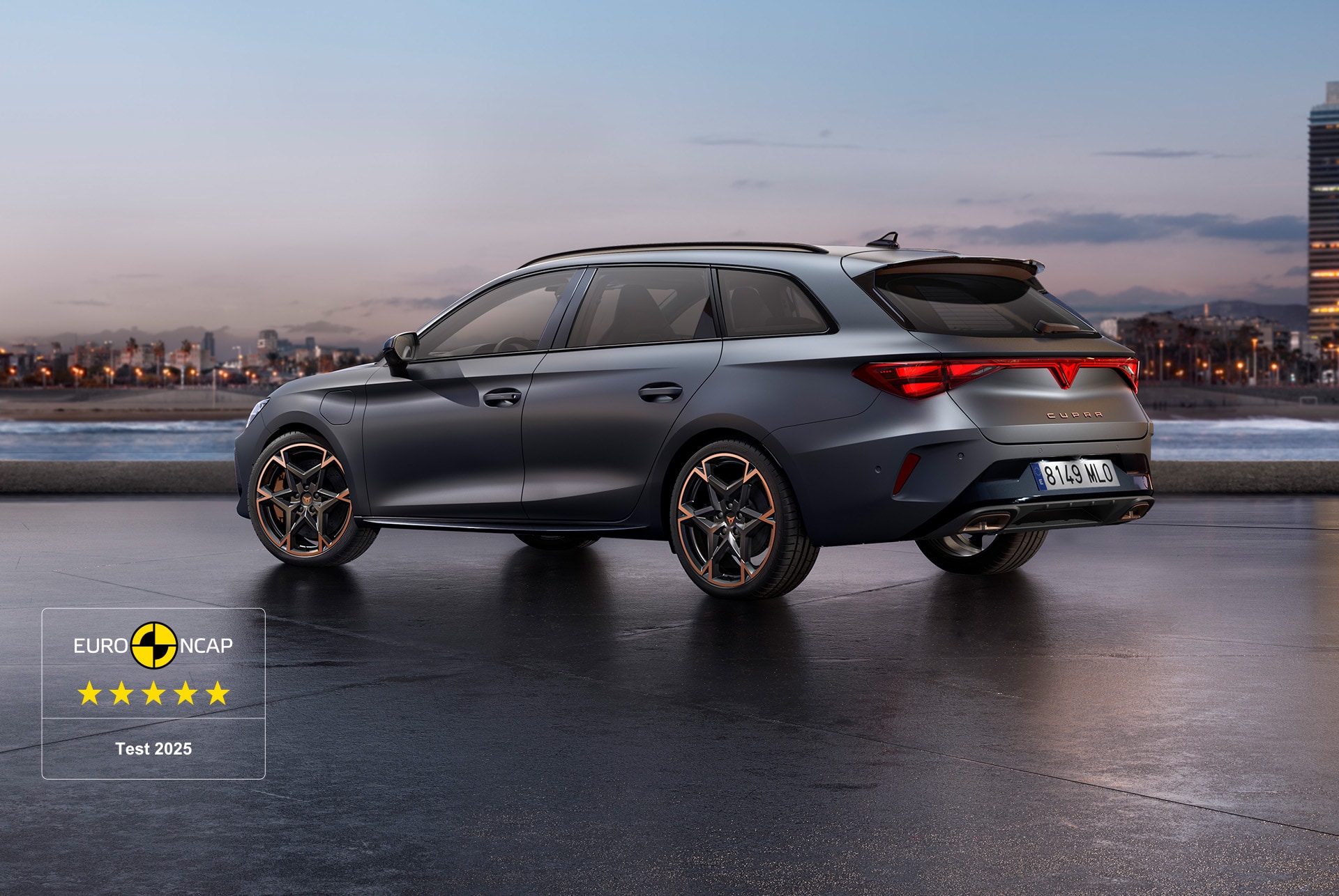 The CUPRA Leon SP parked in a diaphanous urban setting at sunset, showcasing its side and partial rear design details. 