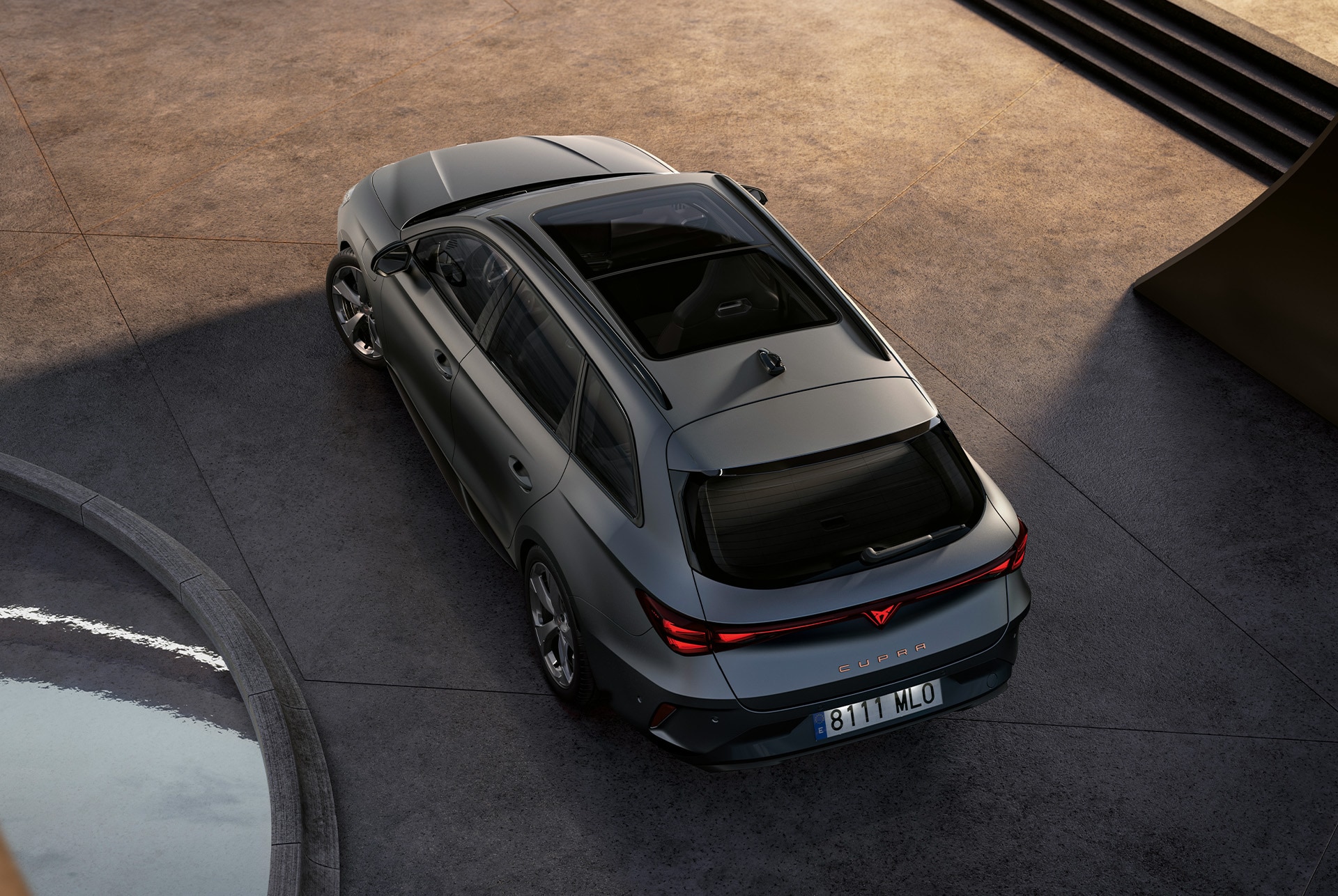 cupra leon sportstourer hybrid car technology, parked on concrete, eagle eye with panorama sunroof and electric tailgate