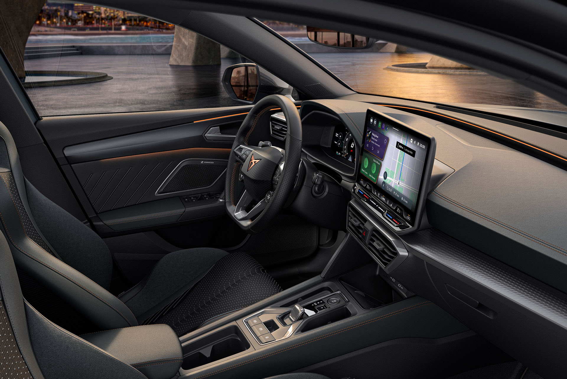 Front view of the Cupra Leon hybrid car advanced steering and dynamic chassis control in action, blurred cityscape background at sunset.