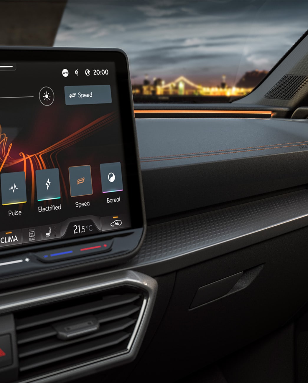 New infotainment system inside the  CUPRA Leon, dashboard interior, wing mirror, air vent and glove compartment.