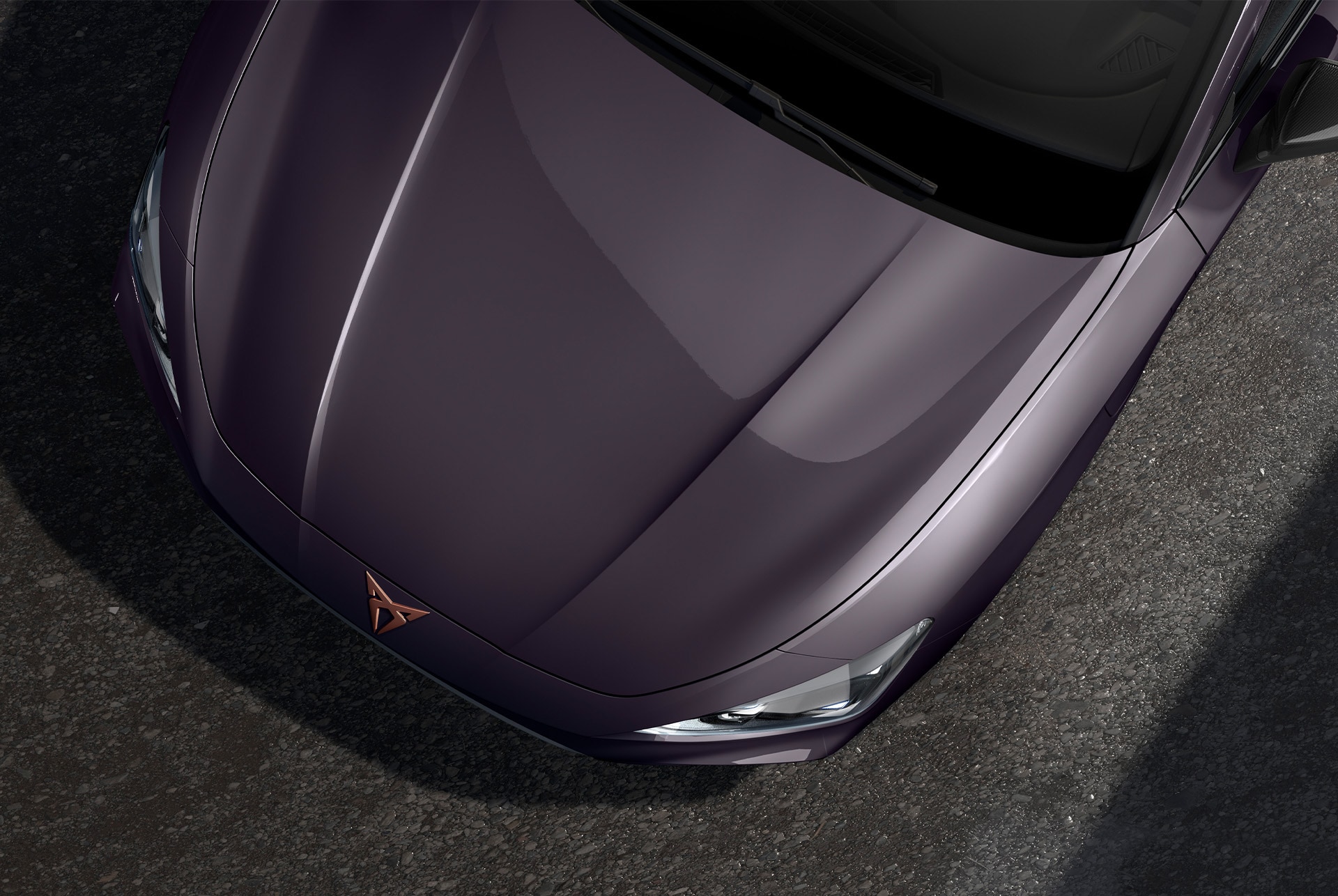 bird’s eye view of a dark void special metallic Cupra Leon car hood.