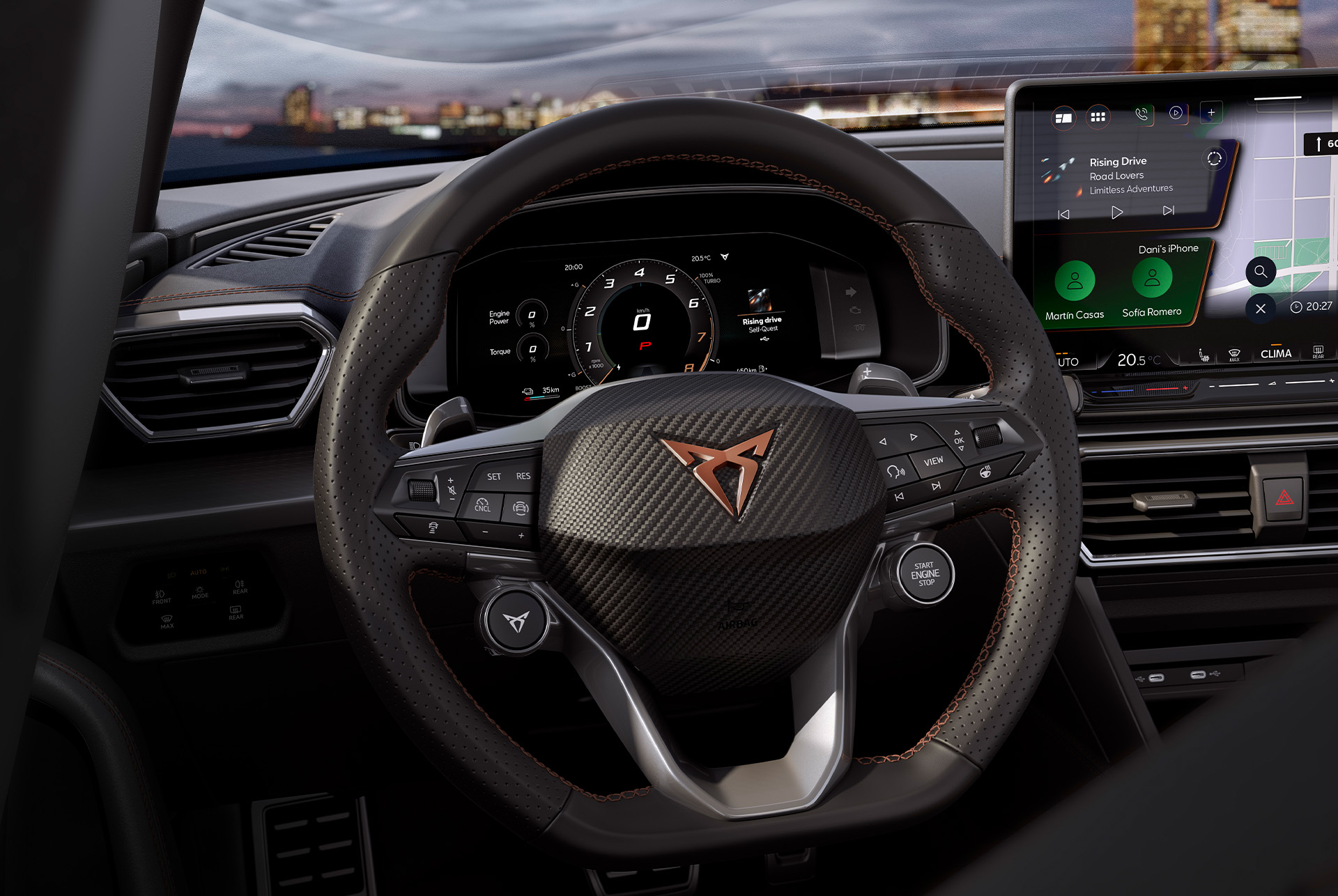 cupra leon intelligent drive steering wheel with satellite controls,  safety technology advanced assistance systems, adaptive cruise control, lane keeping and live dynamic road sign display.