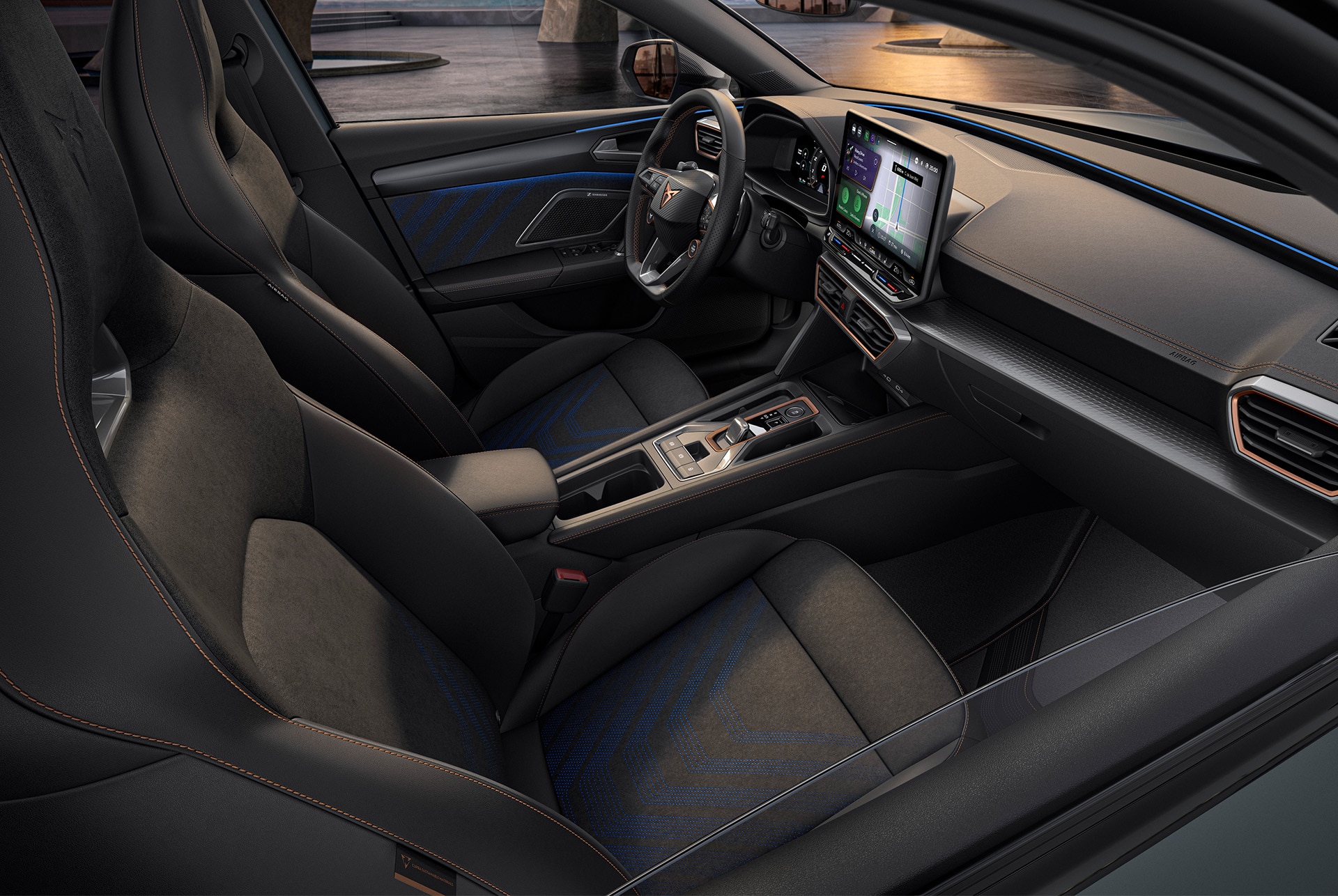 Cupra Leon hybrid car dynamic interior design, bucket seats made from recycled vegan microfibre material, electric memory functions and heating settings.