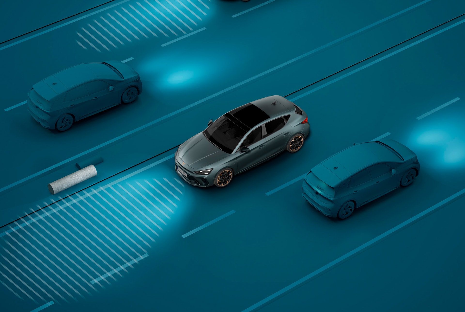 how to use Cupra Leon light assist technology, demo, blue background.