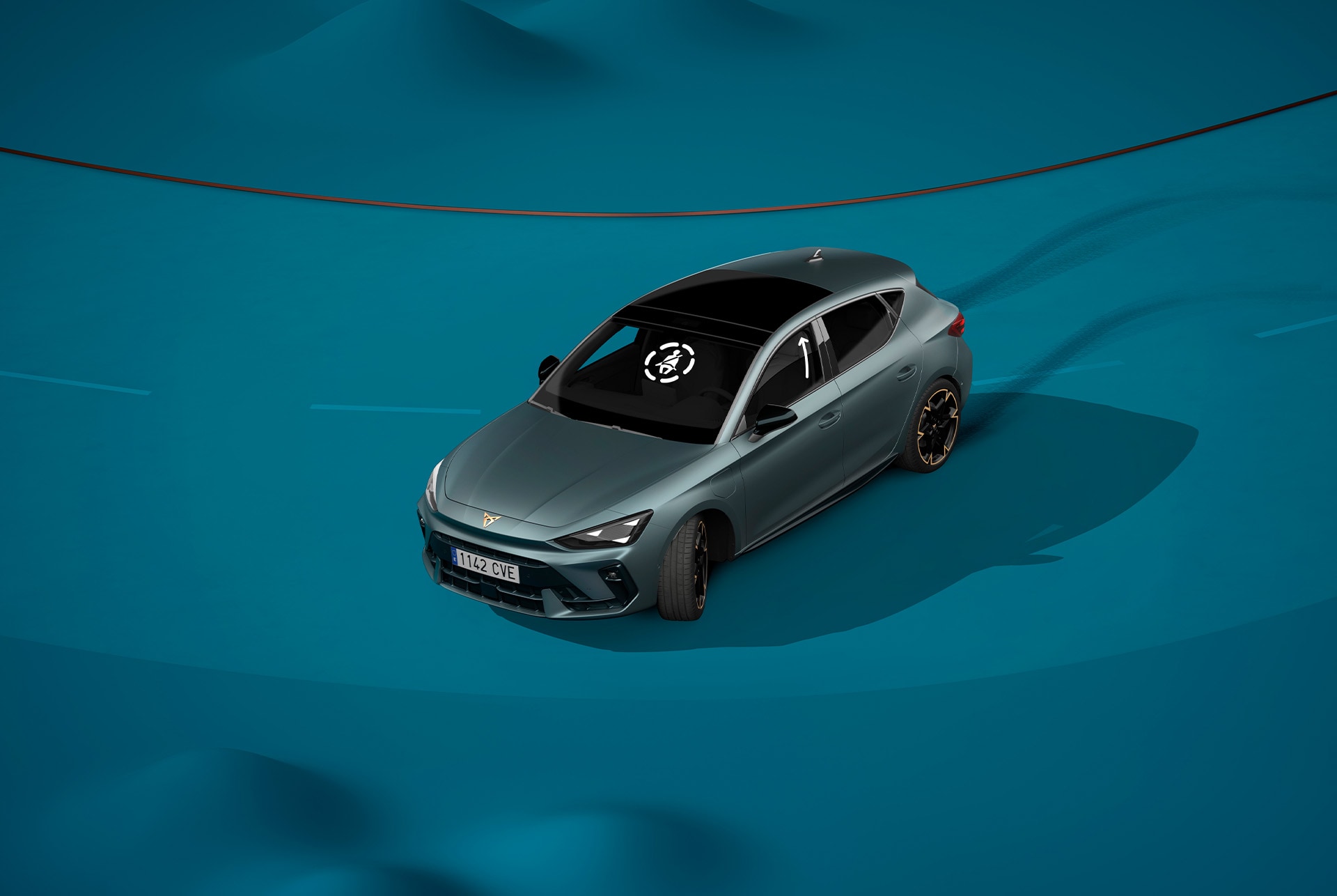 Cupra Leon, new pre crash safety technology, blue background and visual demo.