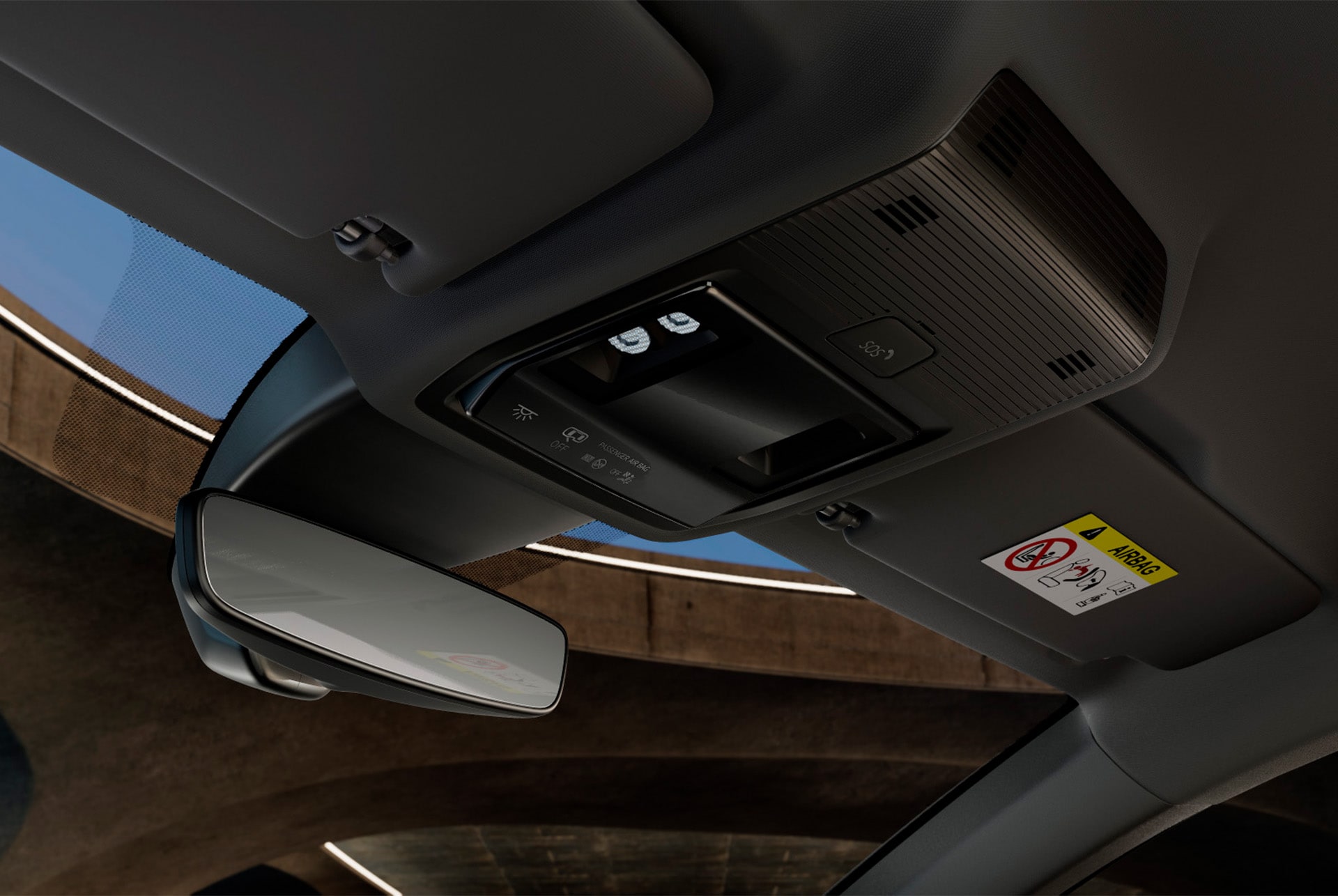 Interior view of a cupra leon car showing the overhead console with a wing mirror, LED car cabin lights,  various controls and CUPRA connectivity features, including an SOS emergency button.