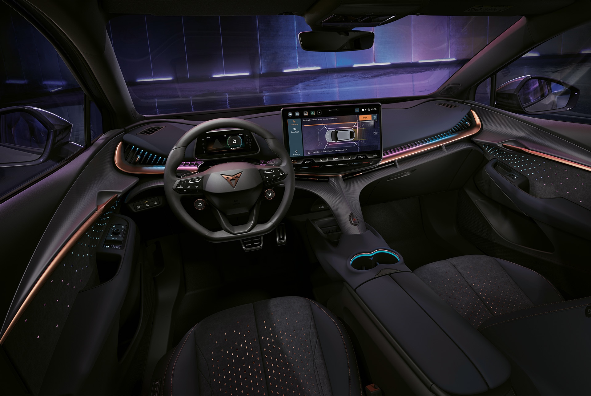 2024 cupra tavascan dashboard, drivers and passengers' seat, ambient lighting and infotainment system 