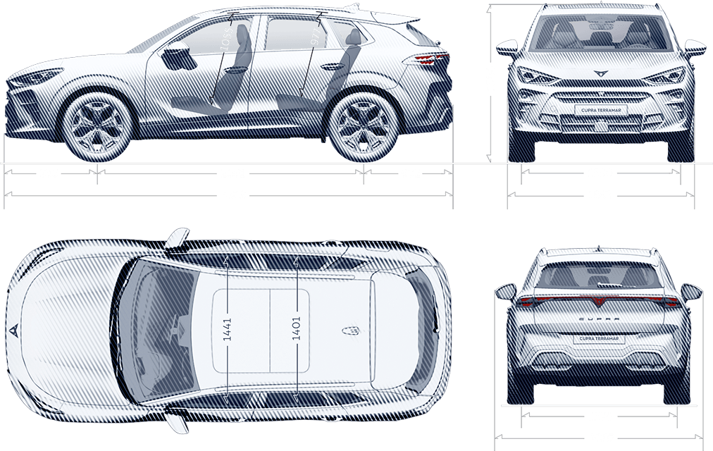 Different views of CUPRA Terramar to display the dimensions of the car.