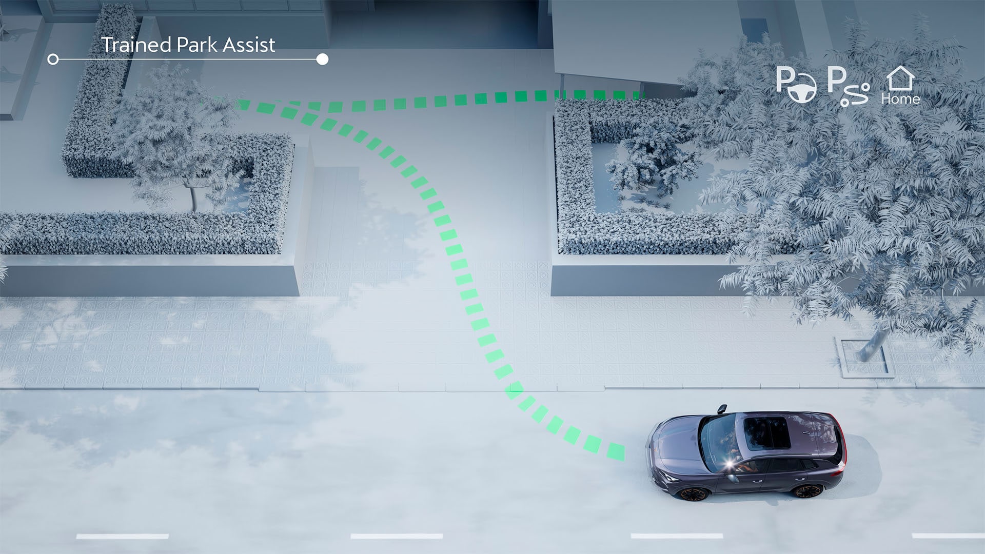 Animation of the intelligent park assist and trained park assist functionality in the CUPRA Terramar, showcasing advanced driver assistance systems for semi-autonomous driving and car parking.