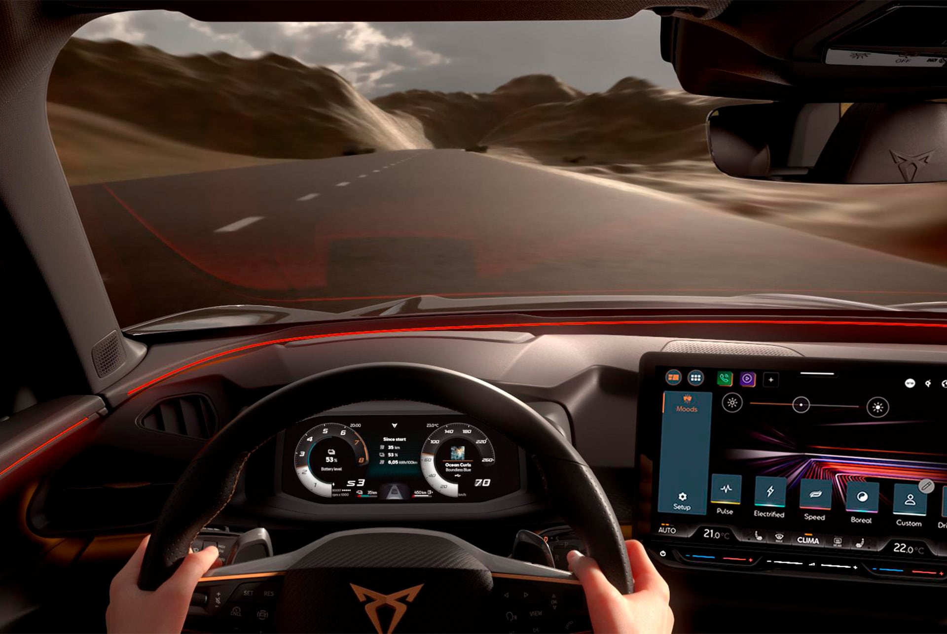 CUPRA Terramar’s interior view with a person at the steering wheel, driving on a desertic road. The interior also shows the rest of the dashboard.