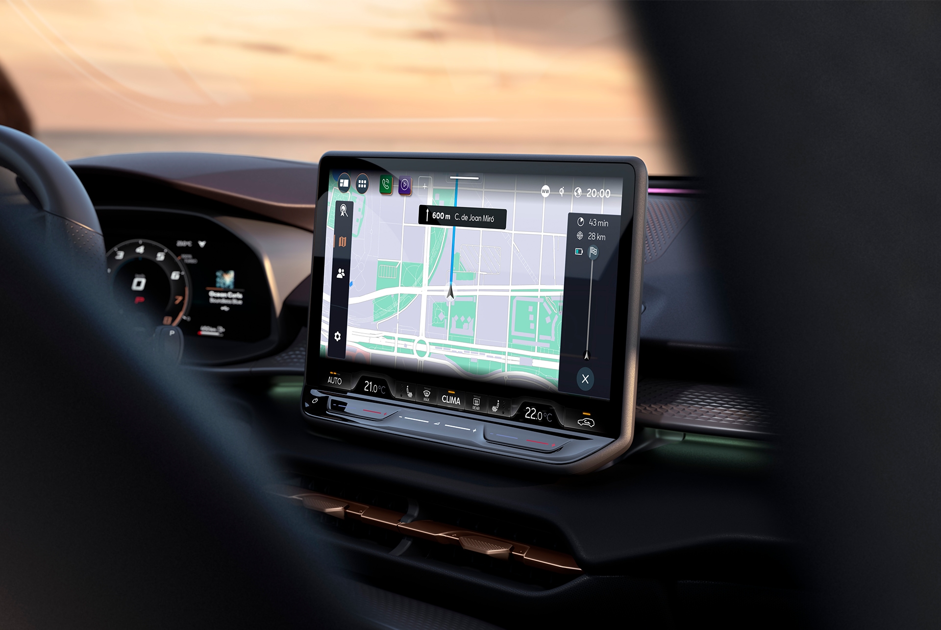 CUPRA terramar 12.9 inch infotainment system displaying cupra connect features, apps, driving profile options, online navigation, live radio, and more.