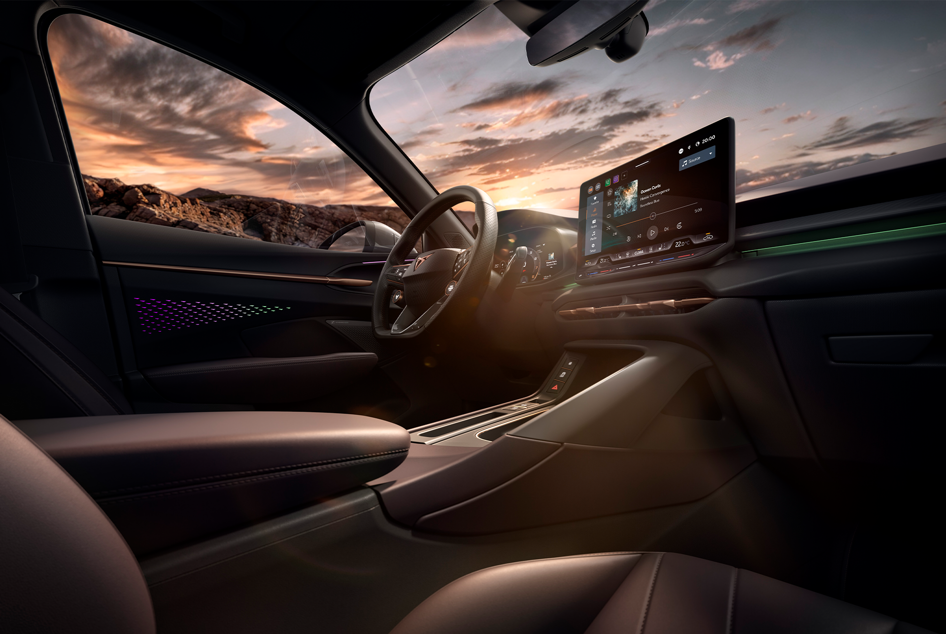 interior design of the new cupra terramar 2025 showcasing the advanced dashboard view and the steering wheel.