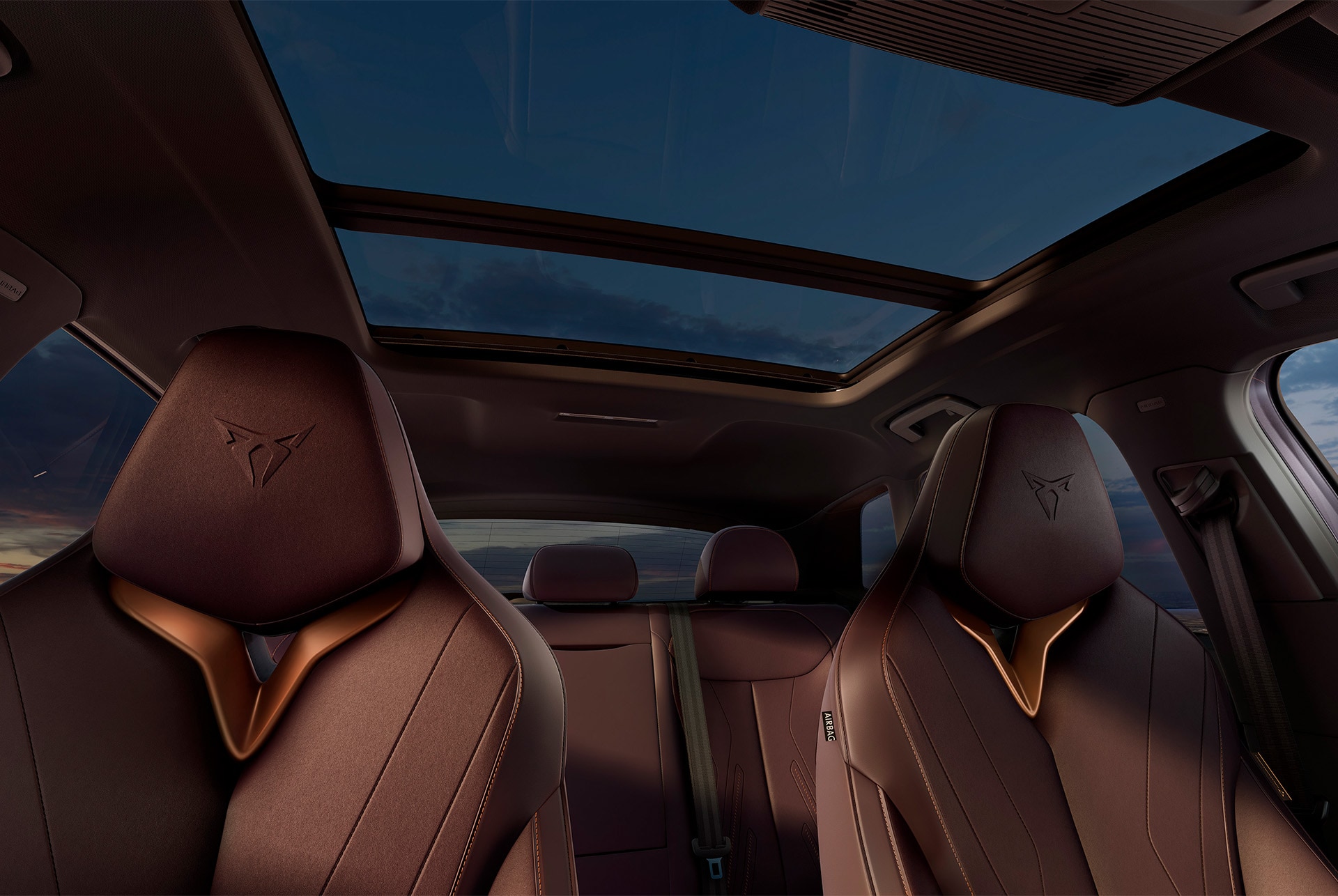 cupra terramar's high canyon interior with a panorama electric sunroof, maximising natural light and creating a spacious atmosphere, leather seats front view.