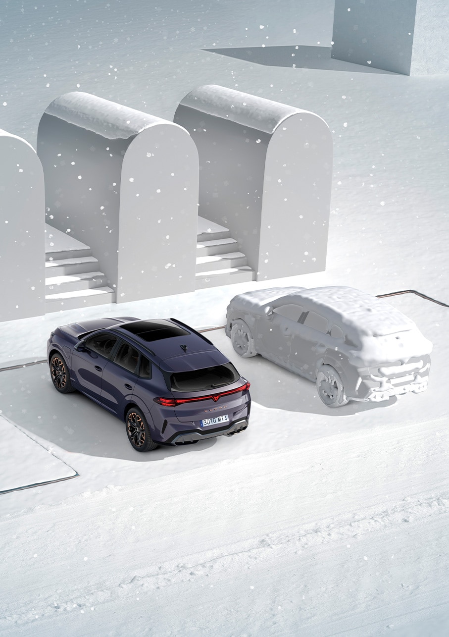 cupra terramar vz in dark void paint parked in snowy conditions. This version features the parking heater system, controlled remotely, for warmth on cold days.