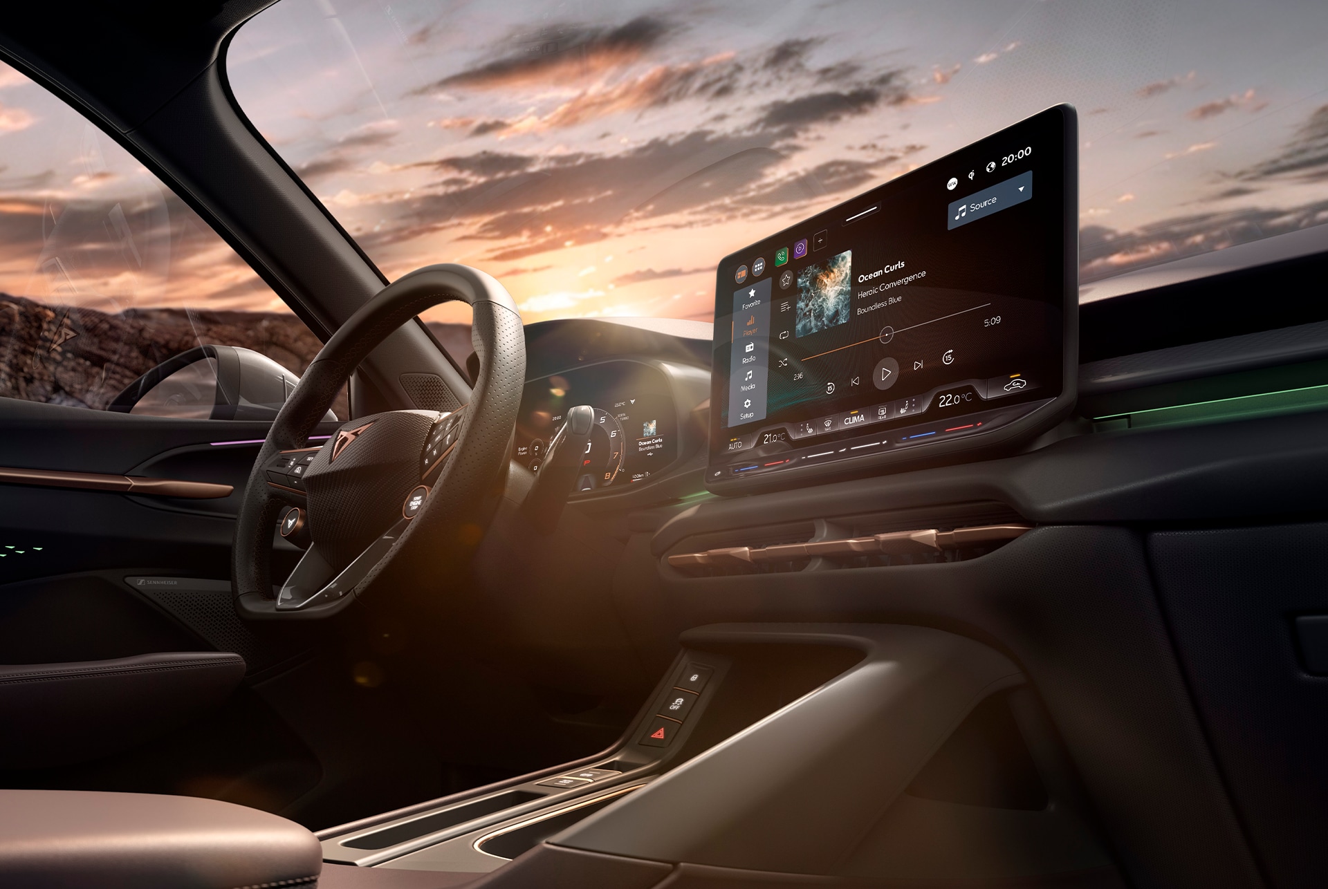 new cupra terramar interior with infotainment system, steering wheel paddles and copper accent dashboard.