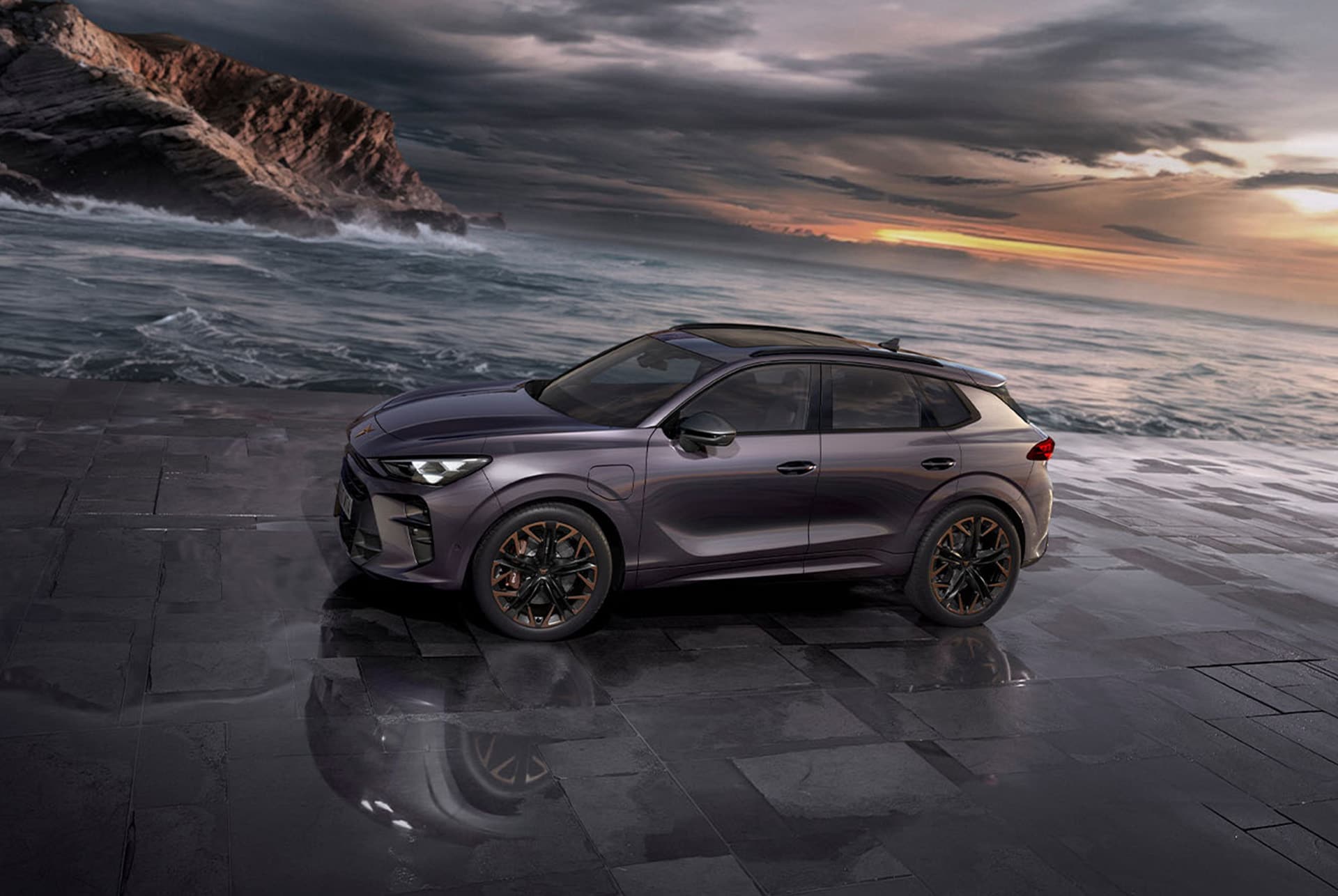 side view of the CUPRA Terramar, parked in a setting by the sea, while showcasing its striking design details.