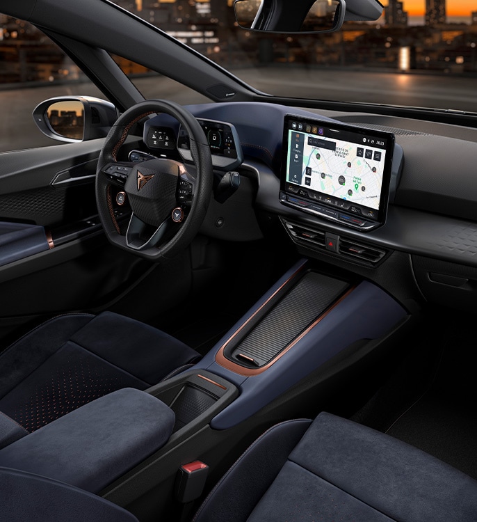 CUPRA Born panoramic interior view dashboard with charging points