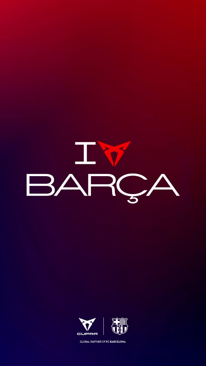A large “I LOVE BARÇA” logo with CUPRA branding below it, representing the FBC partnership.