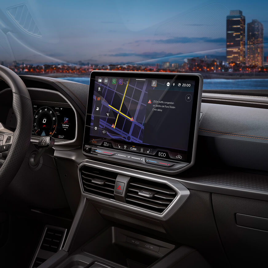 CUPRA Formentor maps close up of infotainment screen, infotainment system for traffic updates and apps.