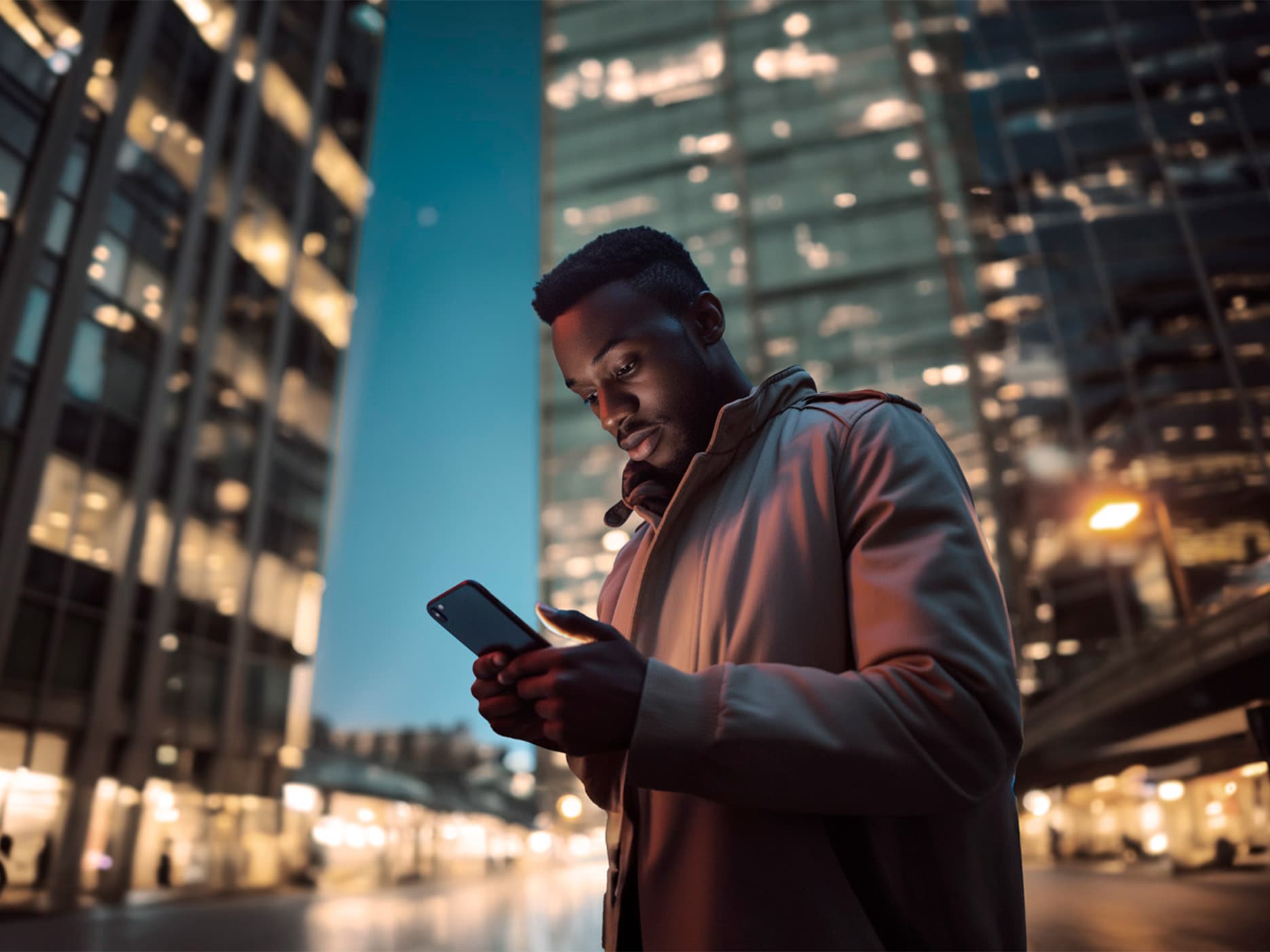 Low-angle view of a man using a glowing smartphone on a city street at night, set against a backdrop of towering, illuminated glass office buildings.