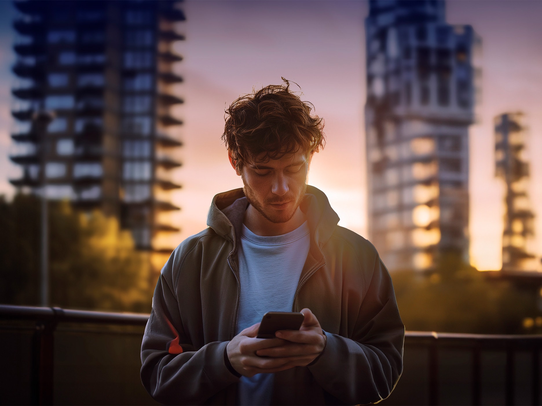 A young man with wavy brown hair wearing a grey hoodie looking at a smartphone, set against a backdrop of blurred city buildings and a vibrant sunset.