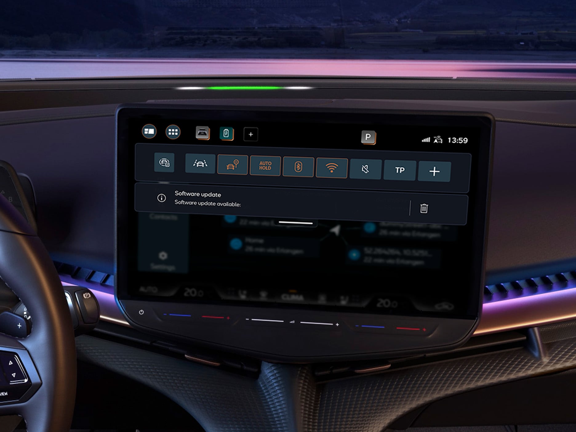 Interior view of the CUPRA Tavascan dashboard featuring the central infotainment touchscreen displaying an over-the-air software update notification, with a mountainous landscape visible through the windshield.