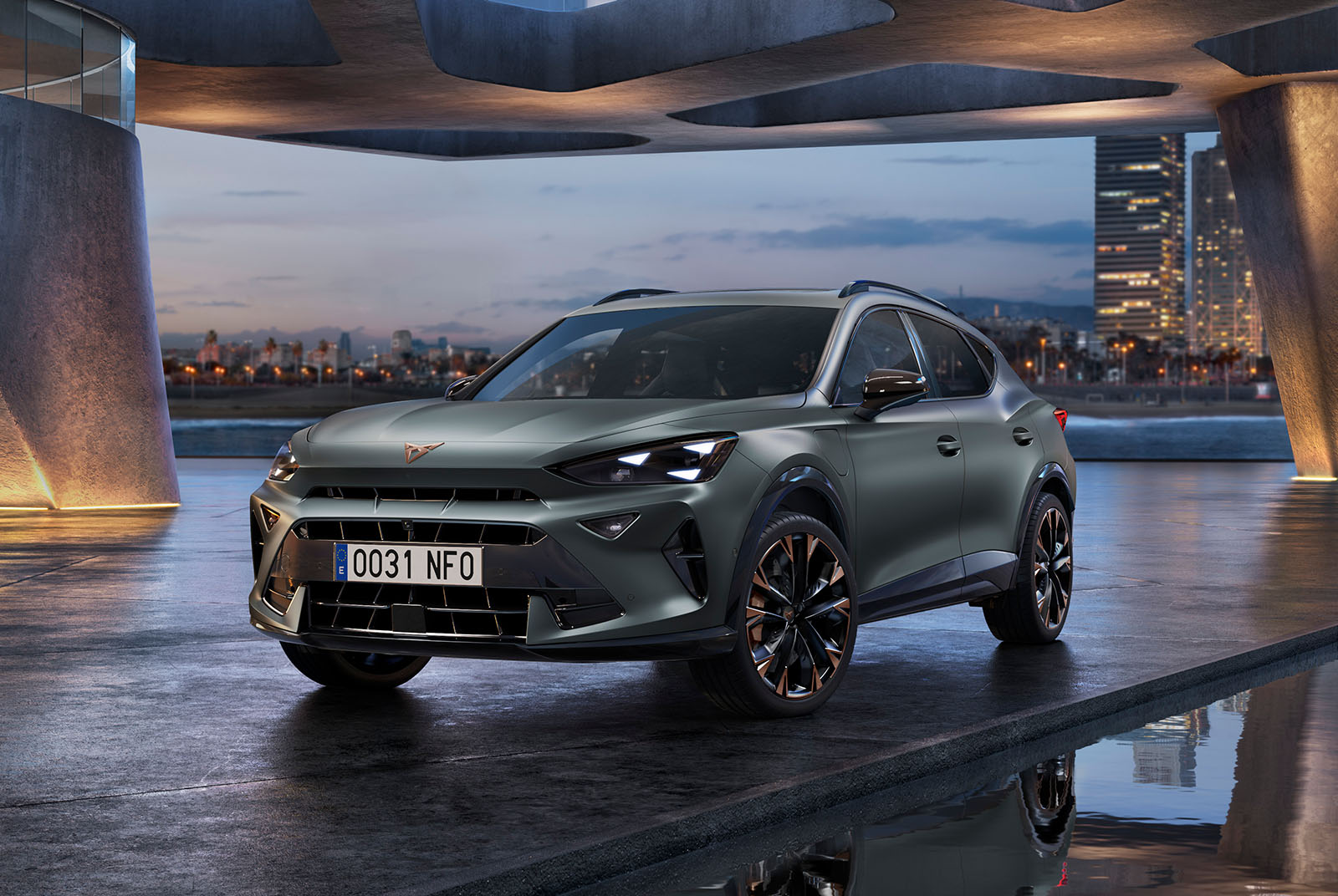 A CUPRA Formentor parked on a reflective wet surface under a modern concrete architectural structure at dusk. The vehicle features triangular headlights, a sharp front grille with a copper logo, black and copper wheels, with a city skyline visible in the background.