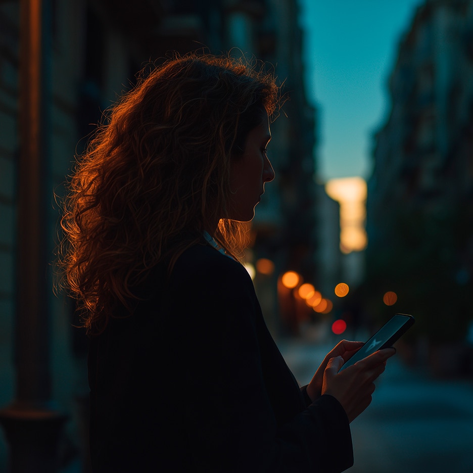 A person stands outdoors, looking down at their phone. The background is a city skyline with tall buildings and a sunset.