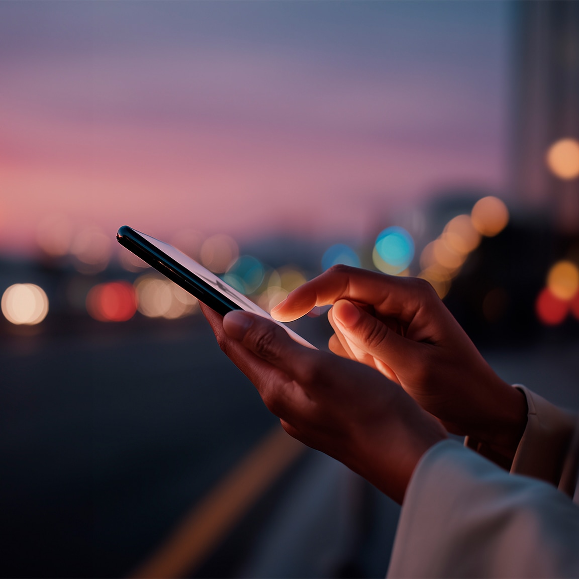 A close-up side view of a person's hands holding and interacting with a smartphone at dusk. The background features a blurred city street with glowing bokeh lights from traffic under a warm sunset sky.