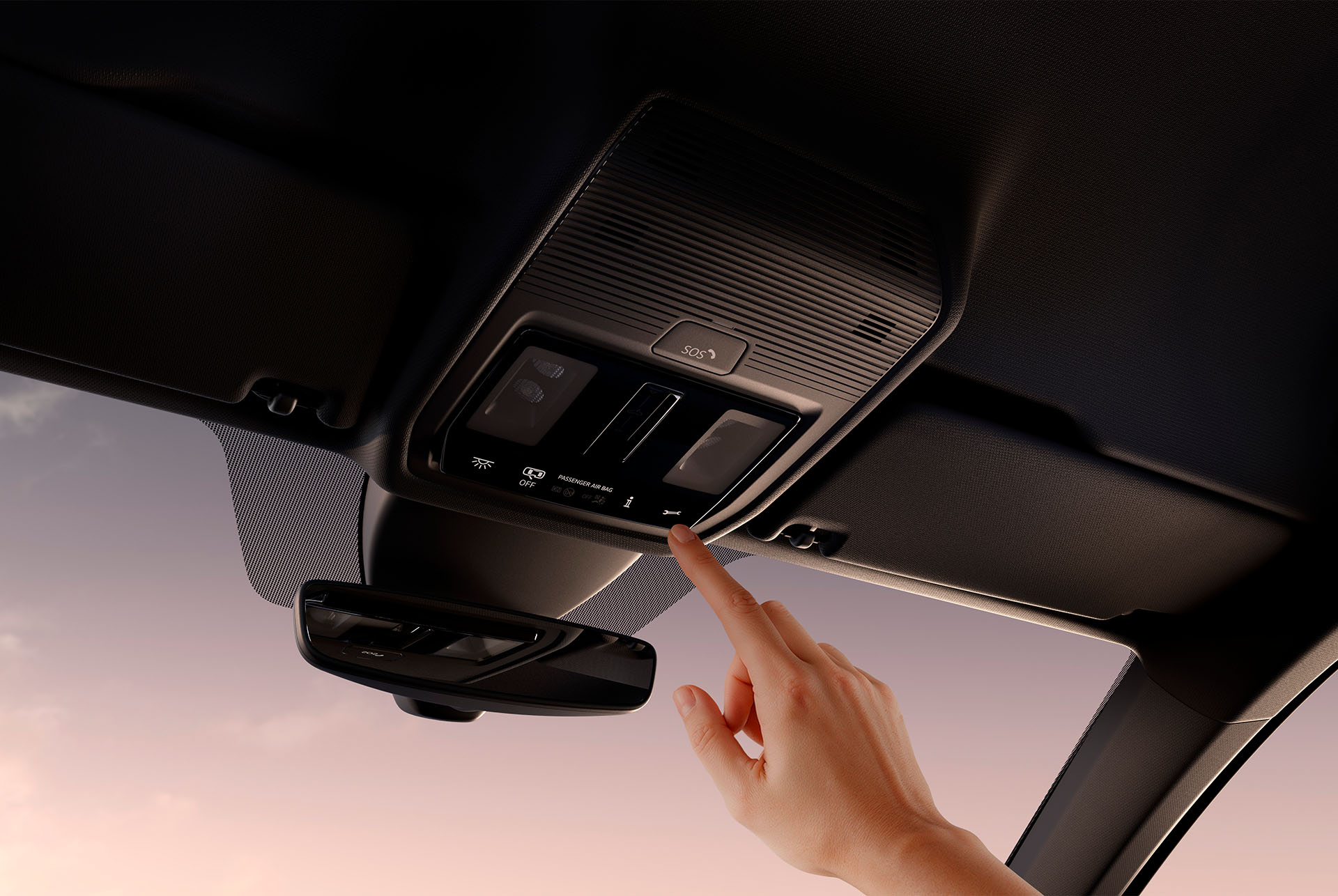 A close-up of a person's finger pressing a button on the overhead console of a CUPRA's interior, with the rearview mirror and a sunset sky visible in the background.
