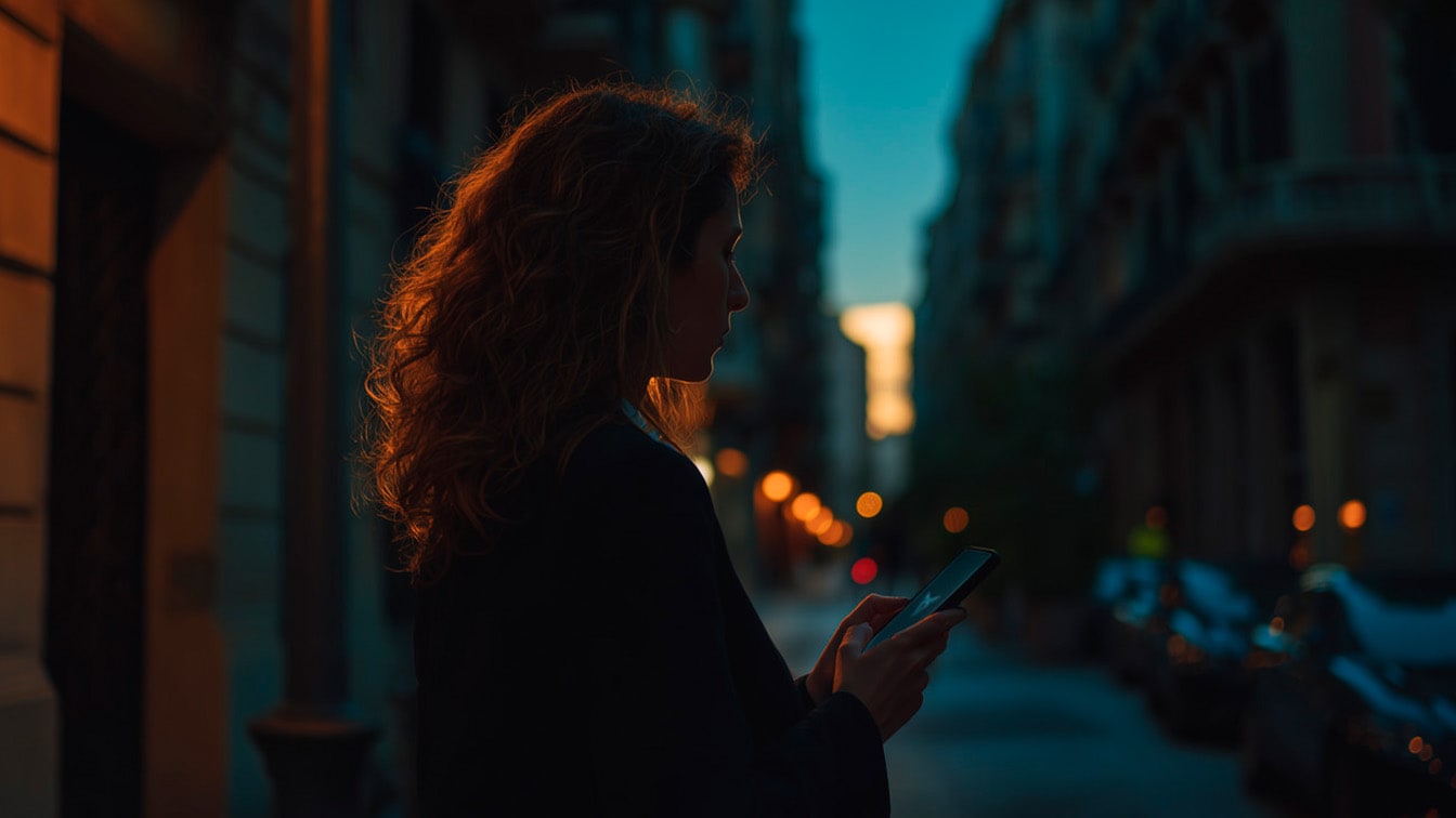 Profile of a person with long curly hair using a smartphone on a city street at night, featuring dramatic warm orange backlight and blurred urban lights in the background.