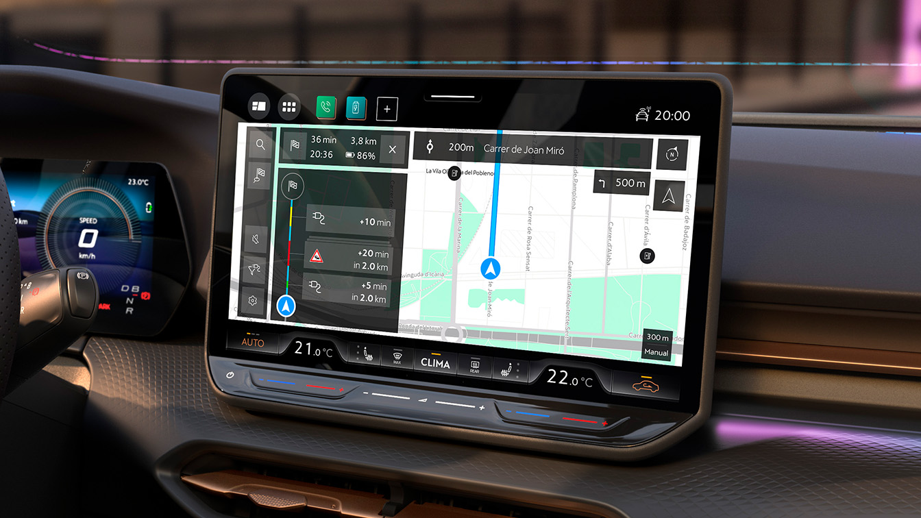 Close-up of a CUPRA Raval electric car's dashboard featuring a large central infotainment touchscreen displaying a navigation map with real-time traffic, battery level, and climate settings. 