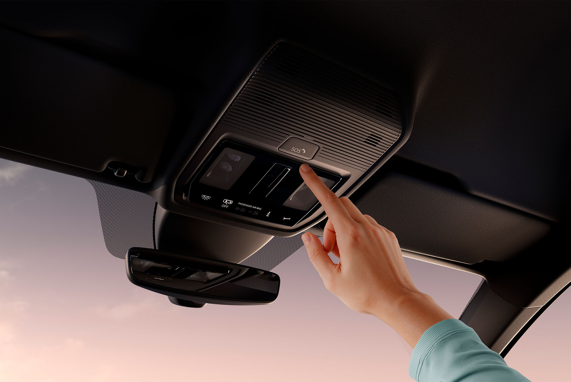 A close-up of a person's finger pressing a button on the overhead console of a CUPRA's interior, with the rearview mirror and a sunset sky visible in the background.
