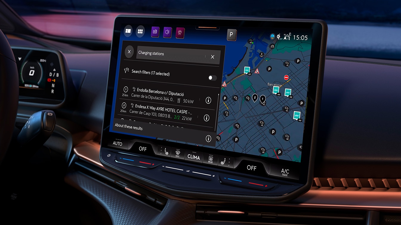 Close-up of the CUPRA Tavascan central infotainment touchscreen displaying a navigation map and a search menu locating nearby electric vehicle charging stations.