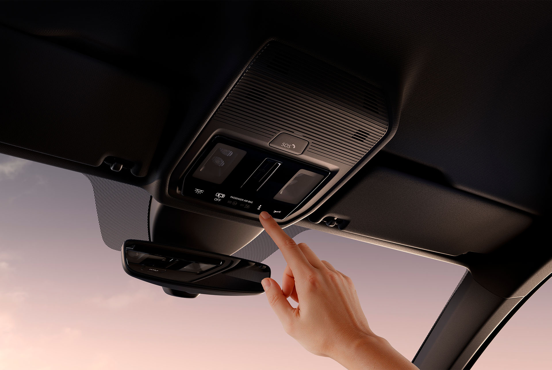 A close-up of a person's finger pressing a button on the overhead console of a CUPRA's interior, with the rearview mirror and a sunset sky visible in the background.
