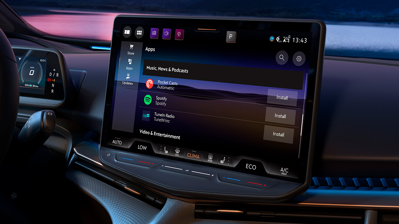 Close-up of the CUPRA Tavascan central infotainment touchscreen displaying the in-car App Store interface with options to install music and podcast applications.