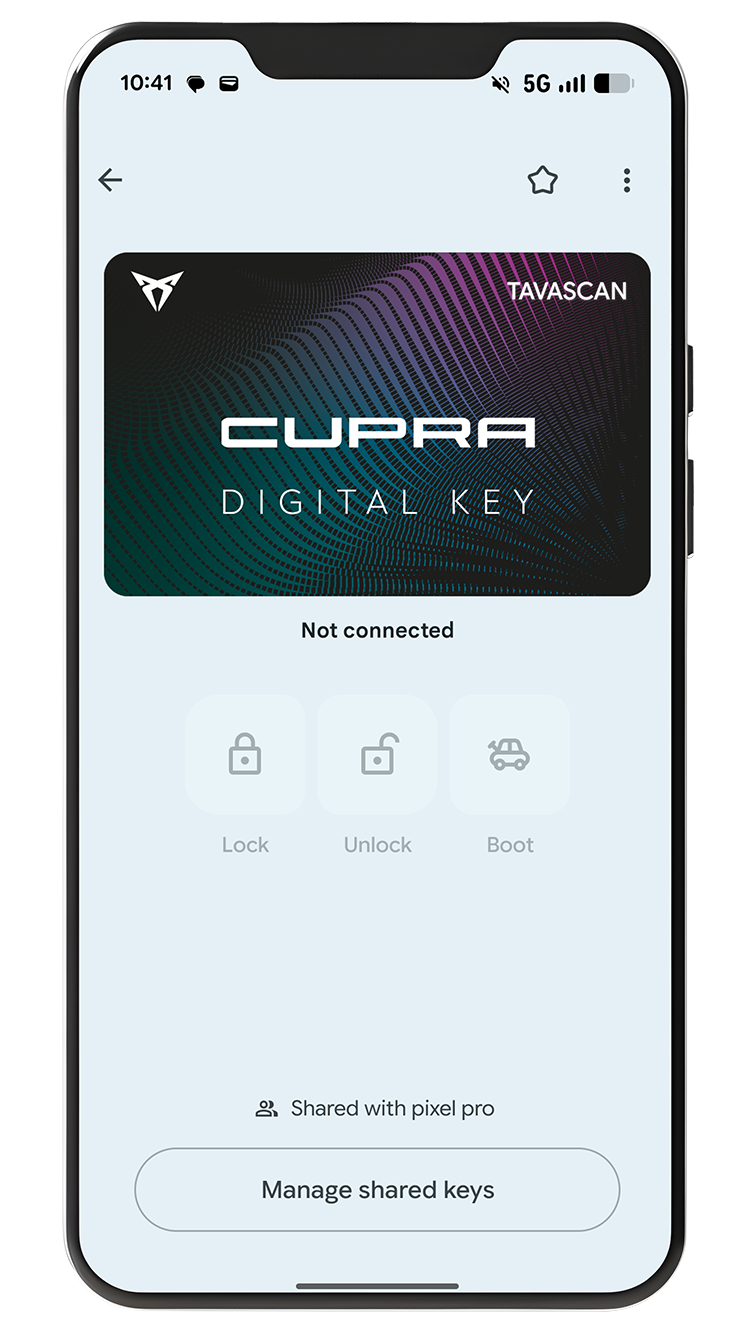 A smartphone screen displaying a digital vehicle key interface in a wallet application. The black digital card features the copper CUPRA logo, the text "TAVASCAN", and "DIGITAL KEY" over an abstract teal and purple wave pattern. Below the card, two action tiles indicate the status of the vehicle: "Car Unlocked" and "Trunk Closed".