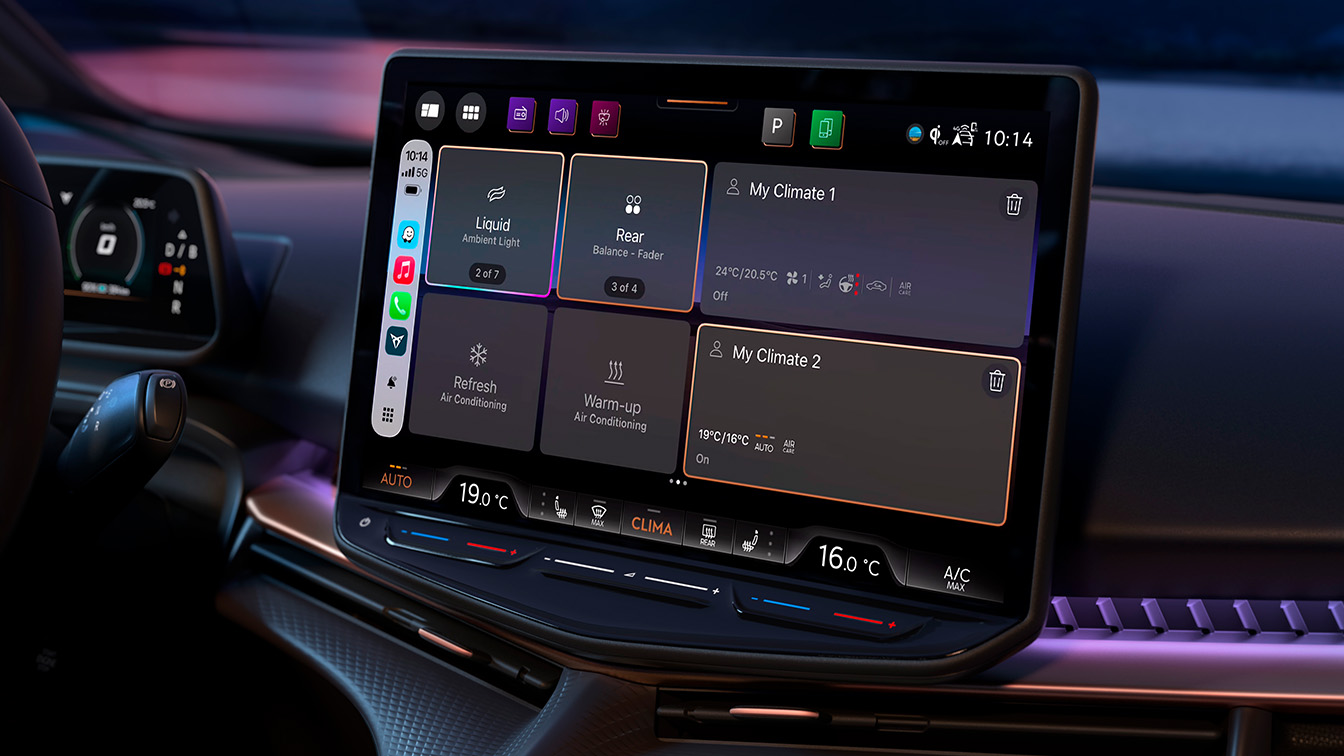 Close-up of the CUPRA Tavascan central infotainment touchscreen displaying the My CUPRA App interface integrated within Apple CarPlay, showing climate control and ambient lighting widgets.
