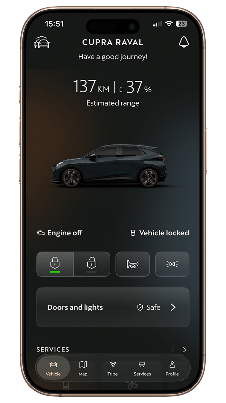 Smartphone displaying the My CUPRA App interface for the CUPRA Tavascan, featuring remote vehicle control options, battery percentage, estimated range, and vehicle lock status.