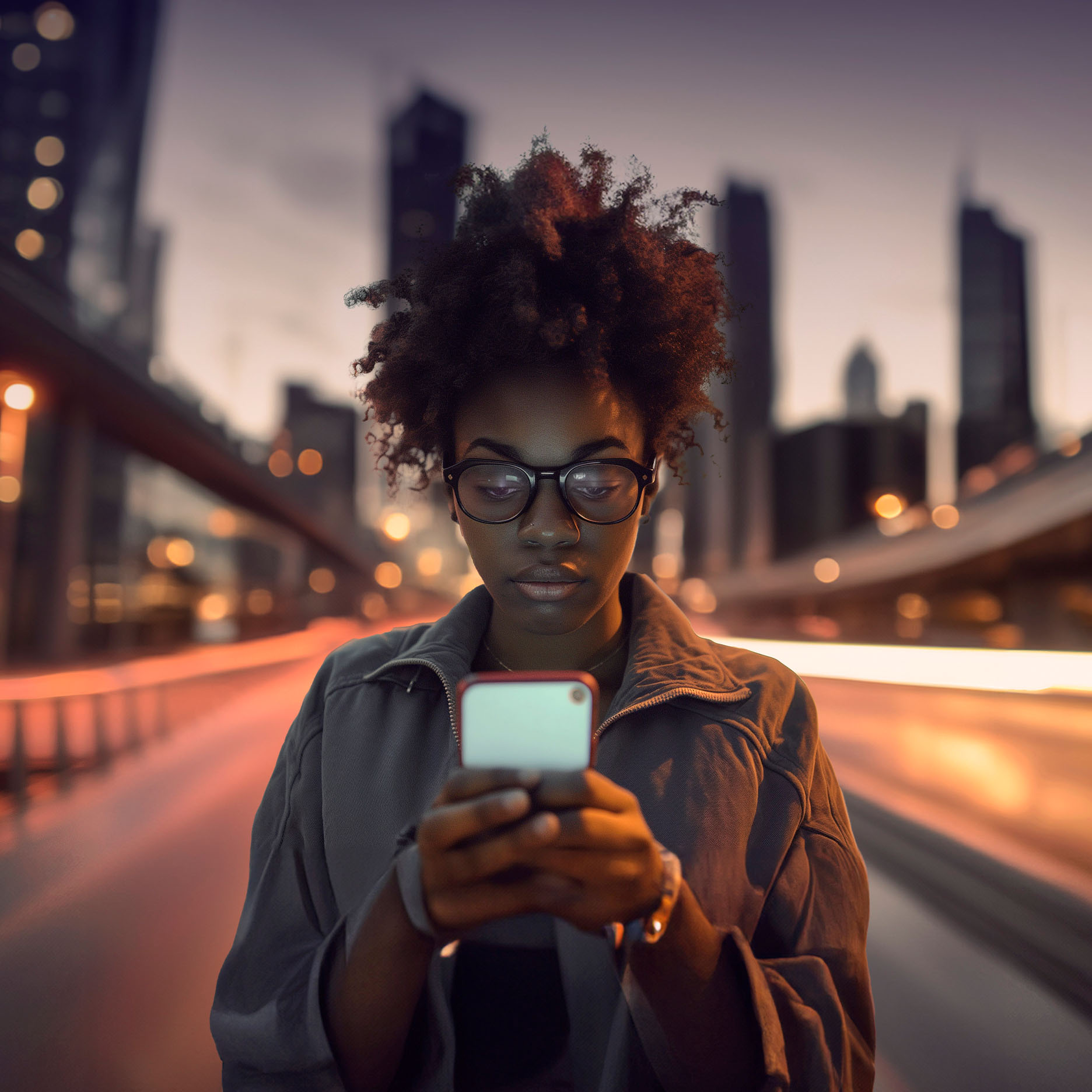 A woman with glasses stands on a city street at dusk or night, looking down intently at her smartphone. Blurred city lights and skyscrapers are visible in the background.