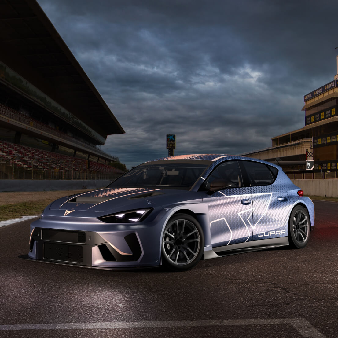 Top down view of the cupra leon vz tcr on the racetrack showcasing its aerodynamic design, vented hood and racing livery under track lighting.